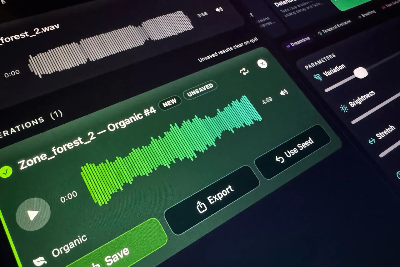 Forest Breathing on a forest field recording: one Organic take of 4:59, the parameters beside it.