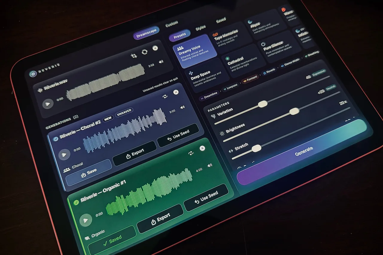 An iPad on a desk running Reverie, two takes generated