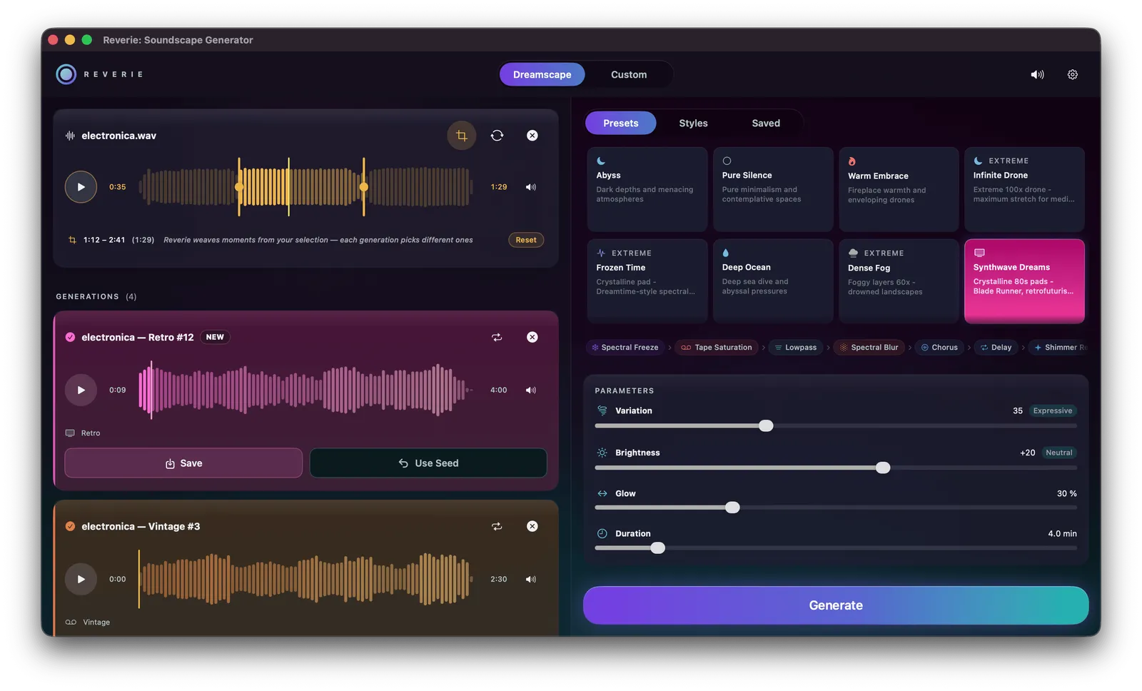 Reverie in Dreamscape mode: a style picked, an audio file loaded, a soundscape rendering