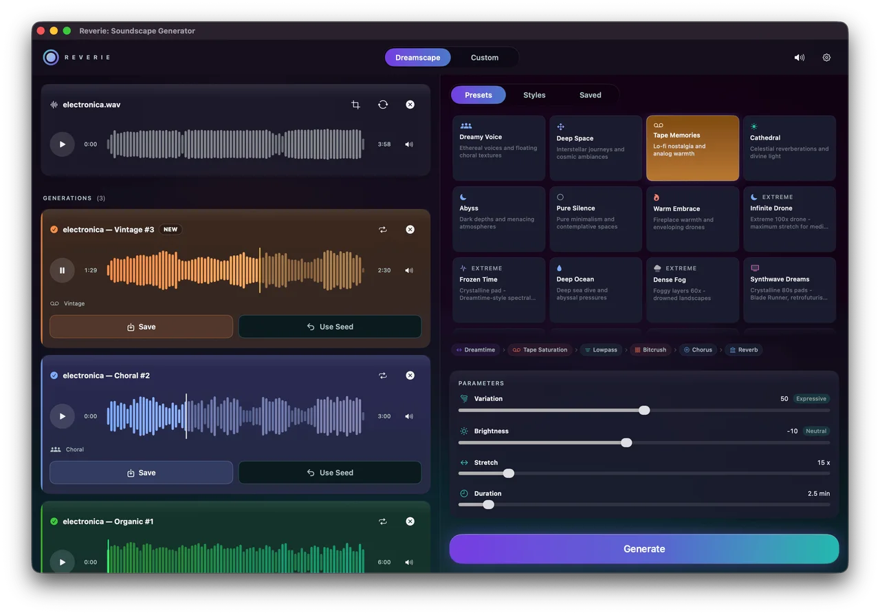 Dreamscape mode: source, generations, preset library